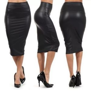 High Waist Faux Leather Stretchy Material Midi Pencil Skirt